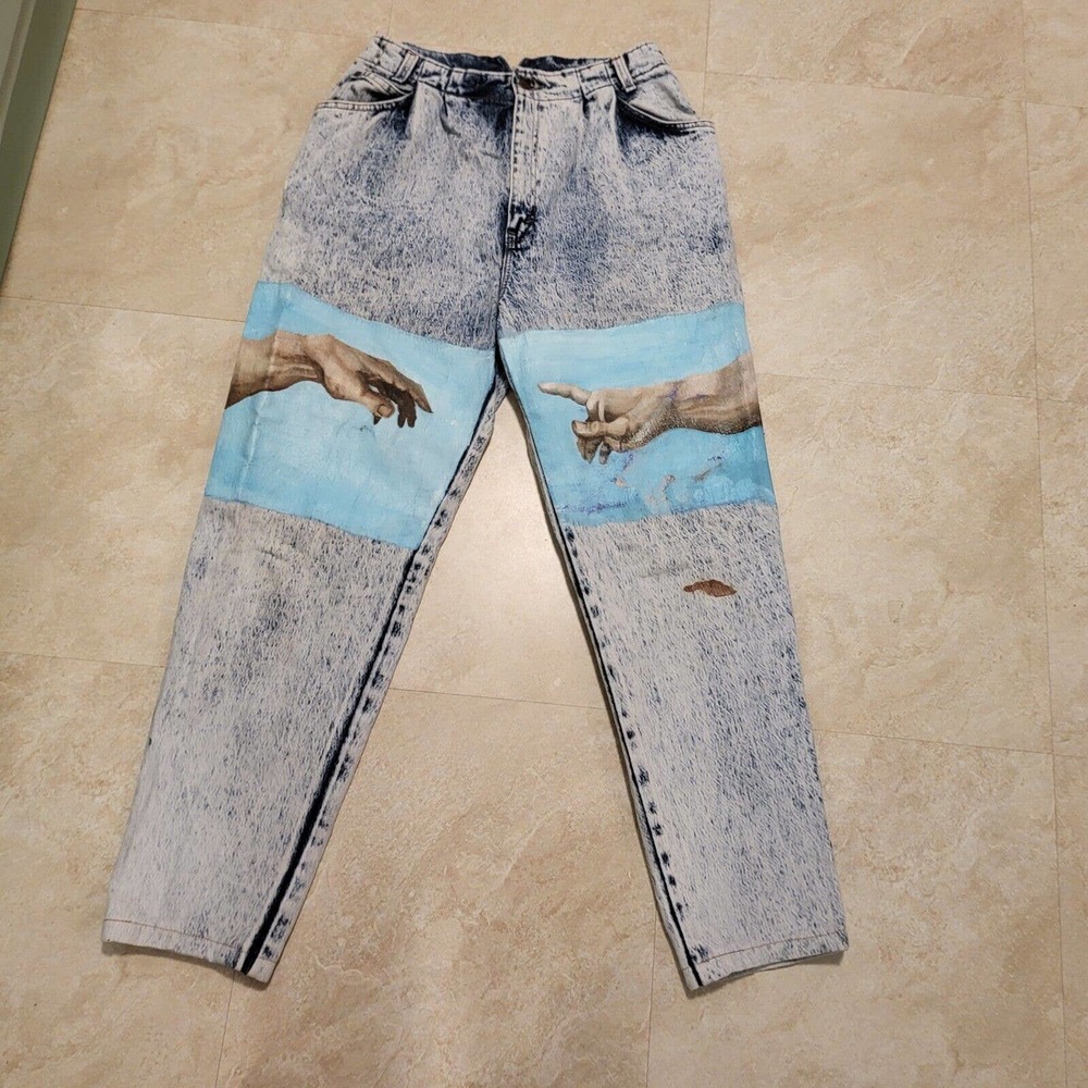 Creation of Adam Michelangelo Hand Painted VTG Levis Acid Wash Womens 14 Jeans - Picture 2 of 12